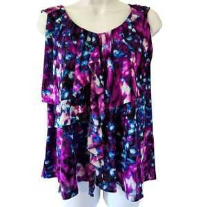 Worthington Purple Blue White Black Lined Sleeveless Ruffle Top Size L